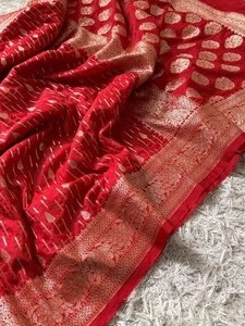 Karwa Chauth Special Banarasi Soft Silk Saree – Red with Silver Zari Weaving |  - Picture 1 of 5
