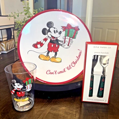 Disney Mickey Mouse Pottery Barn PLATE CUP UTENSIL Christmas holiday party SET . - Image 1 of 3