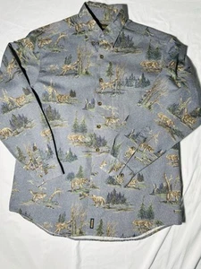Vintage Woolrich Mens Button Down Shirt L All Over Print Wolves & Forest 90s - Picture 1 of 14