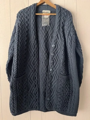 Cárdigan Suéter Tejido con Cable Pescador Artesanal Lana Merino Irlanda Azul XL Foto 1 de 4