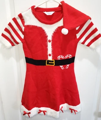 GIRLS NEW CHRISTMAS KNIT SANTA DRESS HAT SET size 6/7 furry trim SO CUTE MOM! - Image 1 of 2