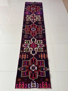 Vintage Handmade Wool Bohemian Oushak Runner Rug, 2x9 Ft Turkish Colorful Carpet - Imagen 1 de 10