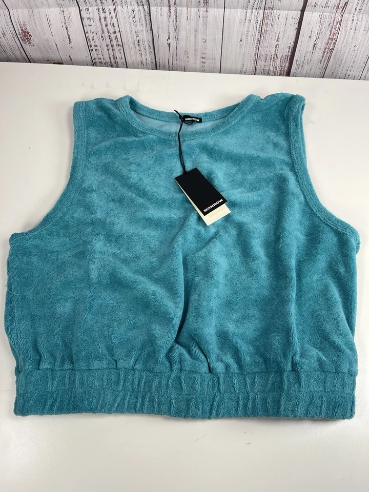 Monrow Women's Blue Cotton Terrycloth Tank Crop Top Size XXS