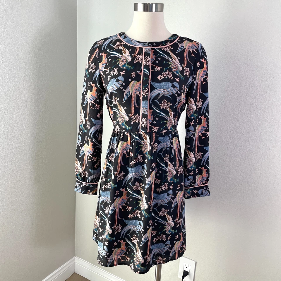 LOFT Womens 4 Petite Snow Bird Print Long Sleeve Dress Crew Neck - Image 1 of 4