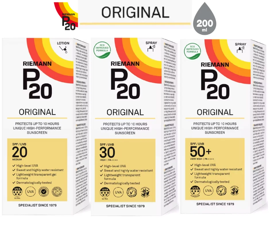 New RIEMANN P20 SUN PROTECTION - SPF20 LOTION, SPF30 SPRAY, SPF50 SPRAY - 200ml