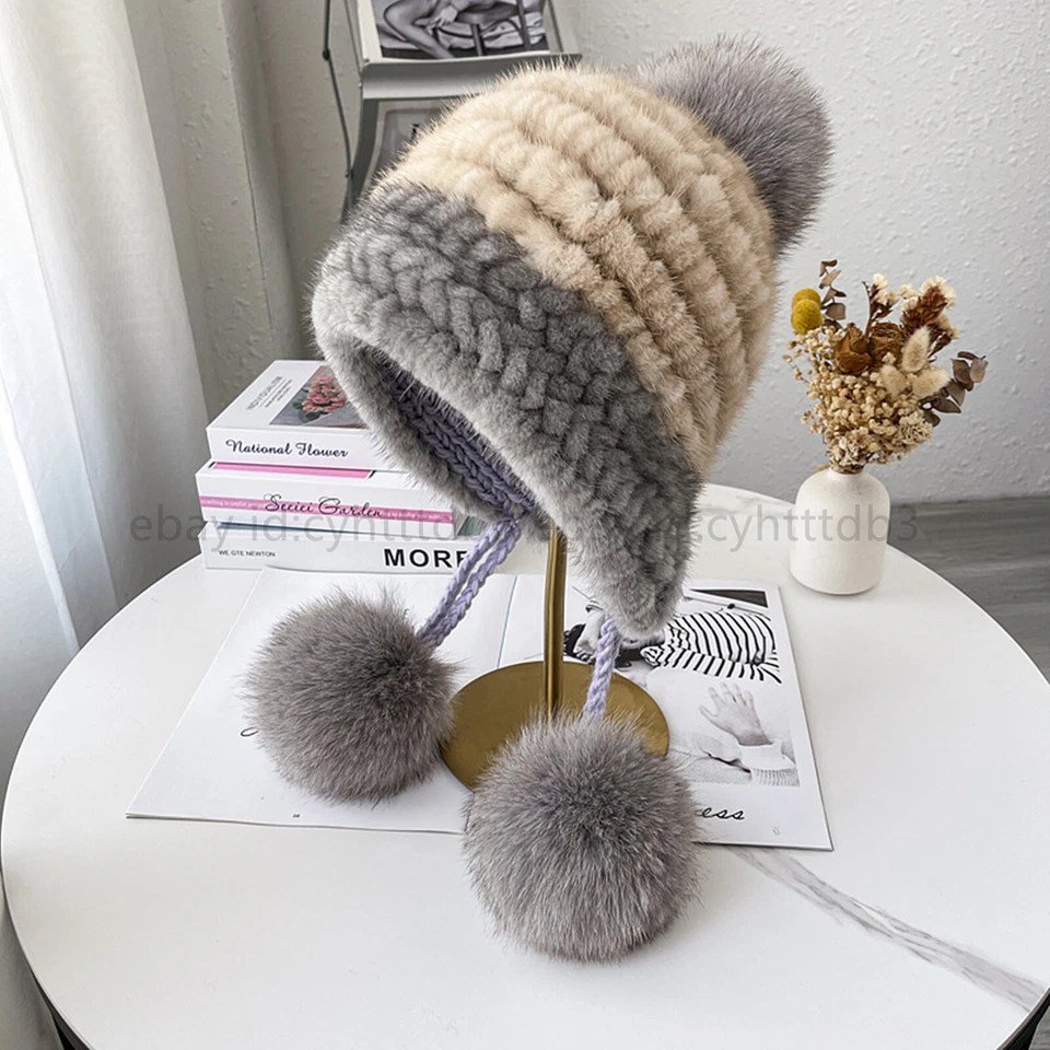 100% Real Mink Fur Knitted Beanie Hat Women Winter Cap with Fox Fur Pom Poms - Image 1 of 4