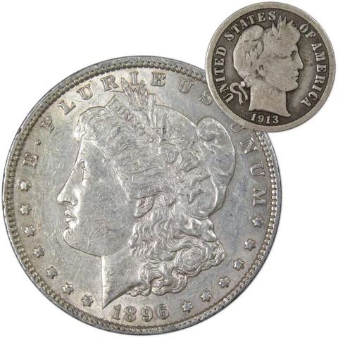 1896 Morgan Dollar XF EF Extremely Fine 90% Silver with 1913 Barber Dime G Good Cover