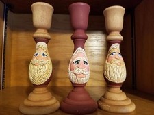 Santa Claus Set Of 3 Hand-Painted Wooden Christmas Taper Candle Holders