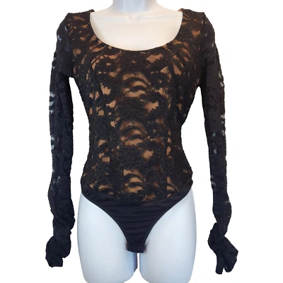 Bisou Bisou Women`s Blak Lace Bodysuit Blouse Size S Lined Night Out Sexy Y2K - Image 1 of 4