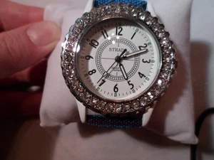 STRADA Austrian Crystal Japanese Movement Watch w/Purple Striped Canvas Band - Picture 1 of 5