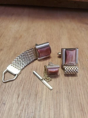 Gemelos envolventes de malla dorada Swank Lucite vintage y pasador de corbata DY Foto 1 de 4