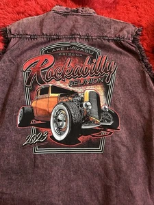 Rockabilly Reunion Graphic Button Up On Patch And Leather Tag Sz 3XL Purple - Foto 1 di 6