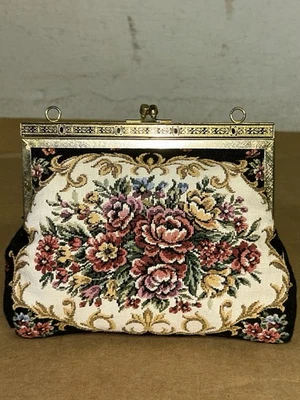 Bolso Pinup Rockabilly Flapper Monedero Tapiz Pequeño Punto Floral Negro Años 50 Foto 1 de 4