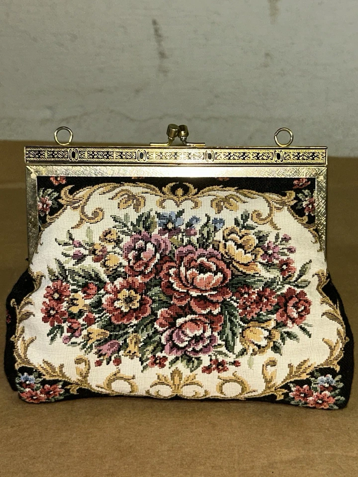 Bolso Pinup Rockabilly Flapper Monedero Tapiz Pequeño Punto Floral Negro Años 50 Foto 1 de 4