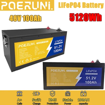 POERUNI 48V 100Ah LiFePO4 Lithium Battery Built-in BMS 5120Wh Deep Cycles For Golf Cart