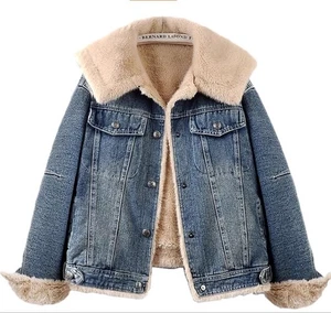 Damen Mädchen Denim Jeansjacke Winter warm Fleece Fell gefüttert Knopf Motorrad - Bild 1 von 16