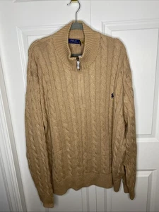 Neu mit Etikett - Polo Ralph Lauren Herren 1/4 Reißverschluss Zopfmuster Baumwolle Pullover: CAMEL - 4XB - Bild 1 von 7