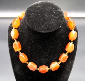 Vtg Carnelian Faceted Stone Bead Necklace Silver Tone Clasp Nice Weight - Picture 1 of 18