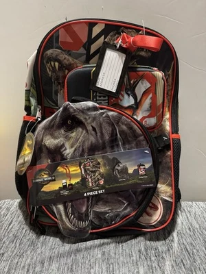 Jurassic World Meninos 4 Peças Mochila Lancheira Conjunto 17" Bolsa Escolar Dino Preta Nova - Imagem 1 de 4