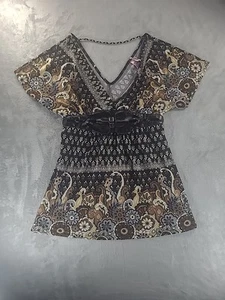 Dolled Up by fang Womens XL v-Neck Paisley floral Retro Cinched-waist Look Brown - Picture 1 of 14