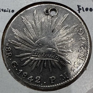 1842 8 Reales Go Mexico Guanajuato Mint Ocho Real Silver Coin Holed - Picture 1 of 4