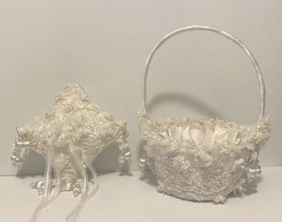 Cesta, cesta niña florista, almohada anillo boda, encaje con cuentas, conjunto marfil NUEVO Foto 1 de 4