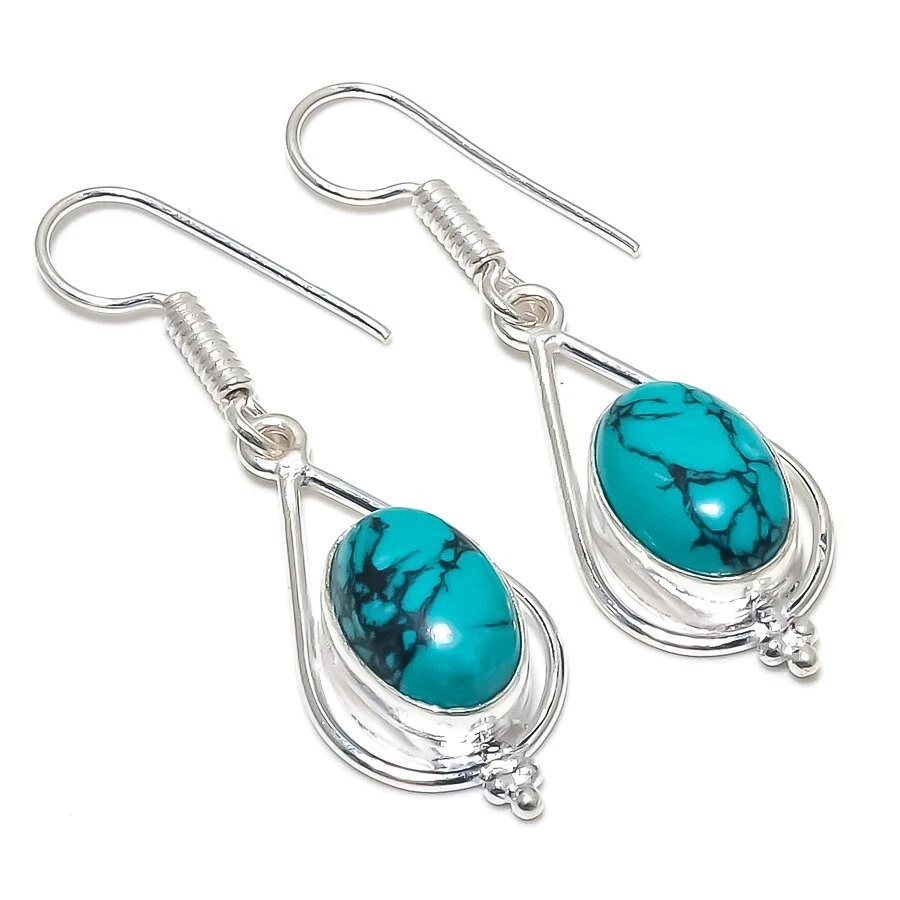 Feroza Turquoise Gemstone Handmade 925 Sterling Silver Jewelry Earring Size 1.8" - Image 1 of 1