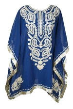 Bohemia Embroidered Blue Gold kaftan, Hippie Gypsy Sheer Beach Caftan Tunic S-XL