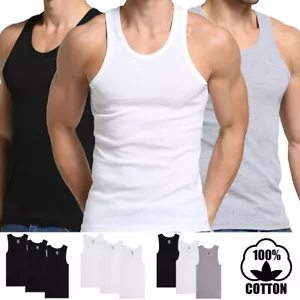 Men 100% Cotton Tank Top Wife-Beater Undershirt Ribbed Premium A-Shirt Regular  - Picture 1 of 13