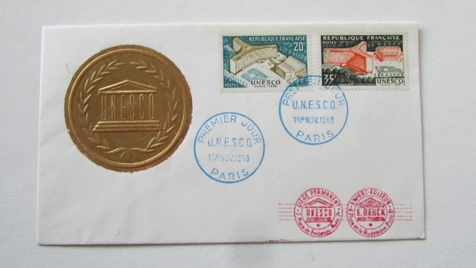 FRANCE SCOTT 893 894 UNESCO GOLD SEAL FDC 1958 - Image 1 of 1