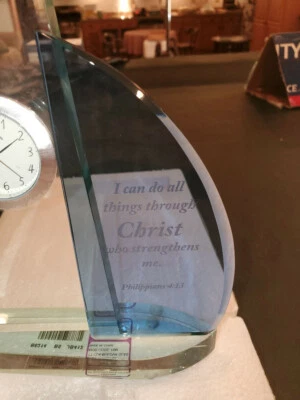 BULOVA WINDSWEPT III TABLETOP GLASS SAILBOAT CLOCK WITH CHRISTIAN THEME - Image 1 of 4