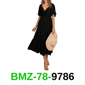 PRETTYGARDEN Summer Dress for Women 2024 Casual Short Sleeve Bow Tie V Neck Ruff - Picture 1 of 4