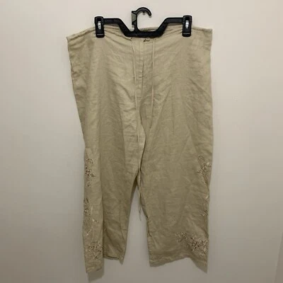 Pantalones Lucy Pereda Mujer’s 12 Beige Lino Pierna Ancha Bordados Corbata Frontal Capri L Foto 1 de 4