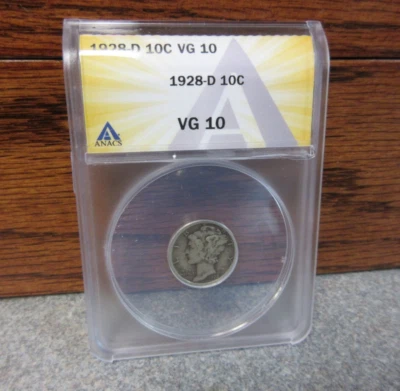 1928-D Winged Liberty Head or Mercury Silver Dime ANACS : VG10 : TUFF FIND - Image 1 of 4