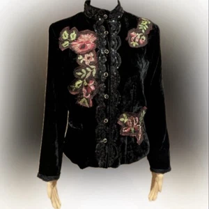 Vintage Alberto Makali Langarm-Top Blumen Pailletten Samt Knopfleiste Gr. M - Bild 1 von 8