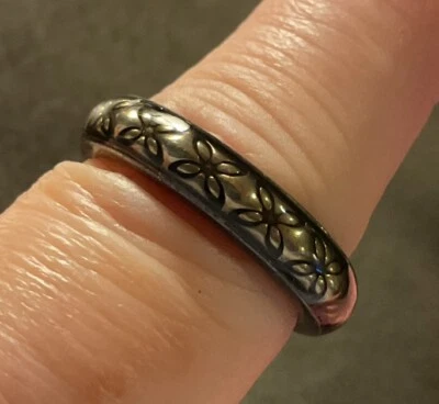 Pandora ALE Sterling Silver Enamel Black And Gold Floral Band Ring Retired 7.5 - Image 1 of 4