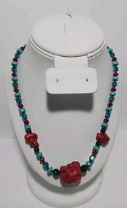 Vintage Red And Turquoise Howlite Multicolor Faceted Glass Beaded Necklace 18" - Picture 1 of 7
