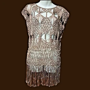 BOSTON PROPPER taupe tan macrame crochet knotwork knit beach cover up top 1B - Picture 1 of 14
