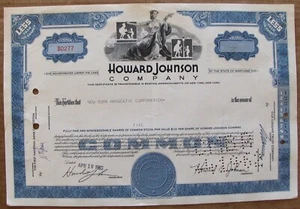 Stock certificate Howard Johnson Company Payee New York Hanseatic Corporation - Picture 1 of 7