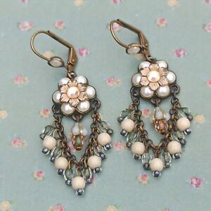 Early Michal Negrin Earrings Long Floral Chandelier Pearls Crystal Retro Gift