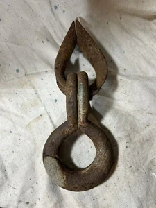 Antique Steel Iron Grapple Hook Double Ring Farm Tool Crane Loop 10x4" Hanger - Picture 1 of 12
