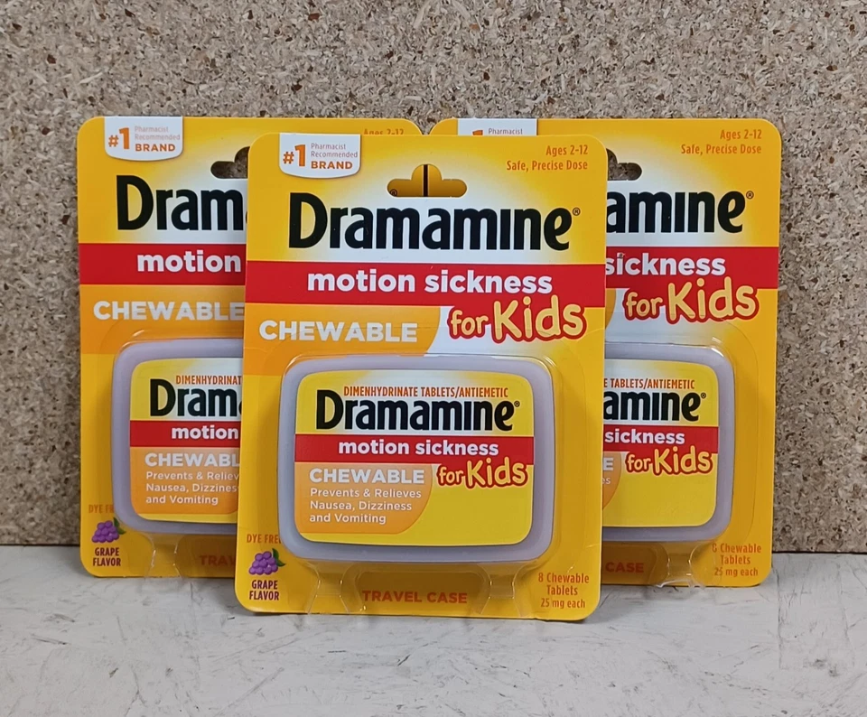 3 X Dramamine Motion Sickness Relief for Kids Chewable Tablets Grape 8ct 01/2021
