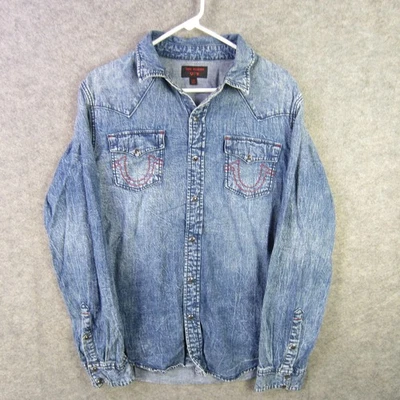 True Religion Shirt Mens Large Blue Denim Western Pearl Snap Long Sleeve Jeans - Image 1 of 4