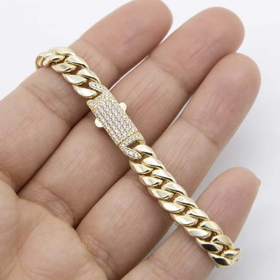 Brazalete de cadena de eslabones cubanos Miami de 7,5 mm de oro amarillo real de 14 quilates de 7" Foto 1 de 4