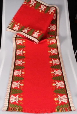 Vintage W Germany Red Christmas Table Runner Angels w/ Candles Green Trees - Image 1 of 3