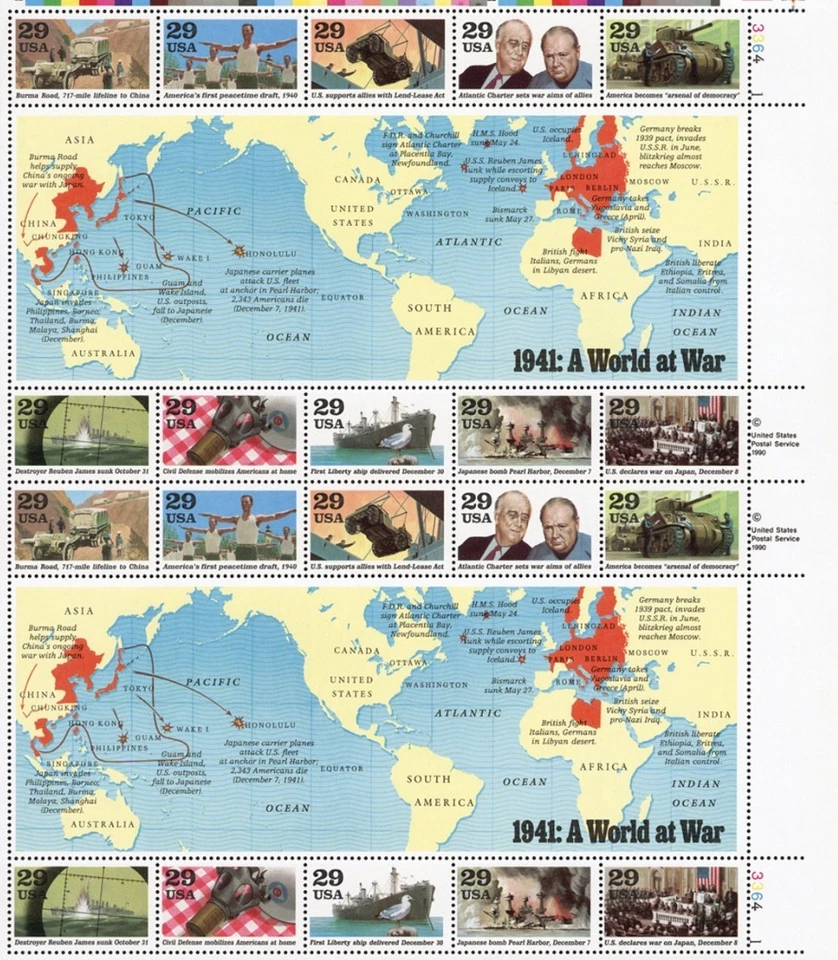 United States 29¢ World War II 1941 Events Postage Stamp #2559 MNH Full Sheet - Image 1 of 1