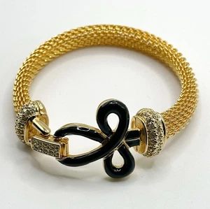 Swan SWAROVSKI Crystal Rhinestone Gold Mesh Black Enamel Bow Bracelet - Picture 1 of 10
