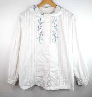 Camisa victoriana vintage de algodón bordada floral de encaje blanca para mujer talla 12 M Foto 1 de 4