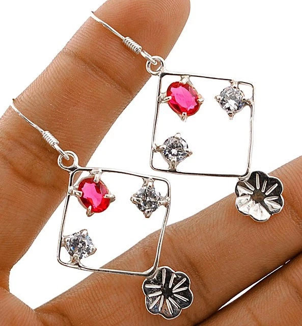 Natural Treated Ruby & Topaz 925 Sterling Silver Earrings Jewelry @B11-5 - Image 1 of 1