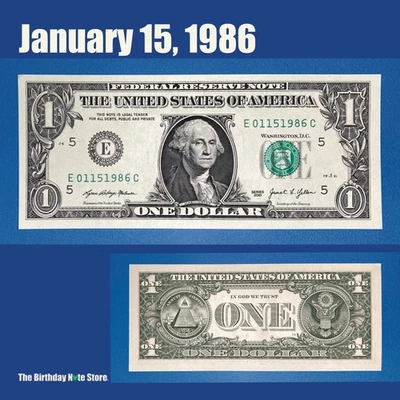 January 15, 1986 Birthday Anniversary $1 One Dollar Bill Serial Number 01151986 - Image 1 of 2
